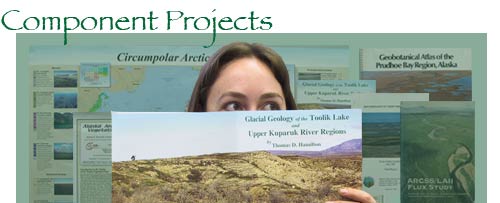 Project publications from the six projects that make up the Arctic Geobotanical Atlas; Corrine Munger in front with Glacial Geology of the Toolik Lake and Upper Kuparuk River Regions, by Thomas D. Hamilton