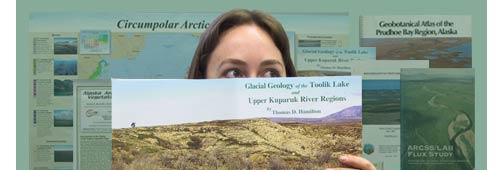 Project publications from the six projects that make up the Arctic Geobotanical Atlas; Corrine Munger in front with Glacial Geology of the Toolik Lake and Upper Kuparuk River Regions, by Thomas D. Hamilton